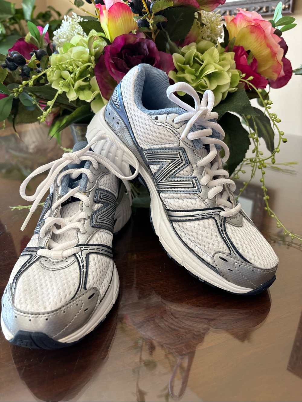 New Balance White and Silver Women's Athletic Running Shoes